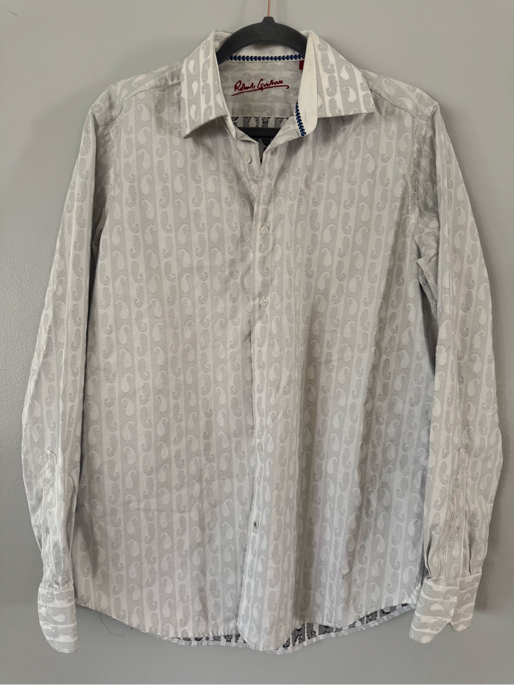 Robert Graham Men’s Long Sleeve Sport Shirt - Grey White Paisley Stripe M/15.5